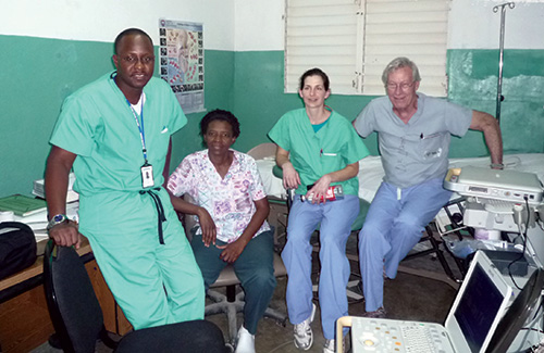 Old Cardio Ultrasound Lab—2011 with (left to right) Dr. Joseph Job, former internist at HSC; Yolene Louis Charles, RN, 2011 trainee and now principal sonographer; Sandra Owens, cardiac ultrasound technologist, volunteer faculty; and Dr. William Battle, Program Manager and medical volunteer from Washington, D.C.